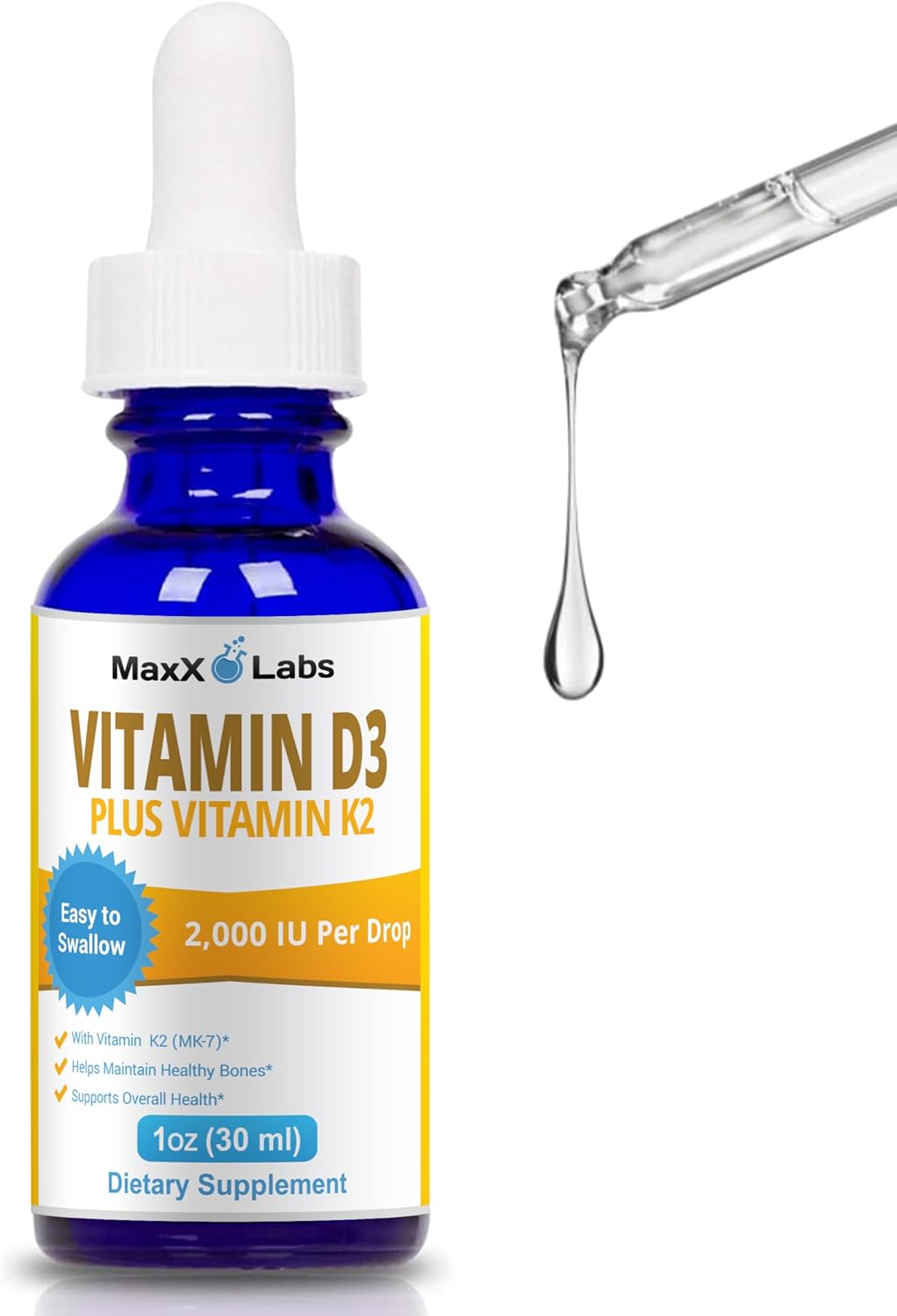 Vitamin D3 K2 Liquid Drops - Liquid Vitamin-D3 2000 IU Per Drop with K2 Supplements for Adults & Kids - Vitamin D K2 MK7 for Healthy Bones, Heart & Immune - 1 Oz Dropper + 900 Days Supply