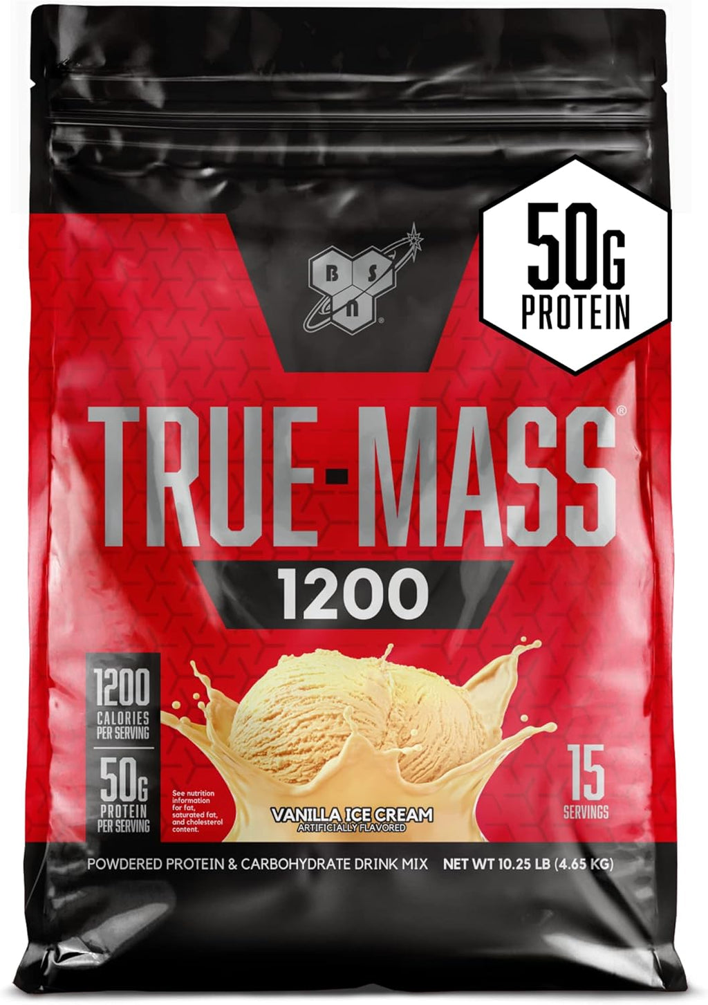 BSN TRUE-MASS Weight Gainer, Mass Gainer Protein Powder, Post Workout Muscle Recovery Powder, Muscle Gainer, 4:1 Carbs to Protein Ratio, Vanilla Ice Cream, 10.25 Pound, 15 Servings