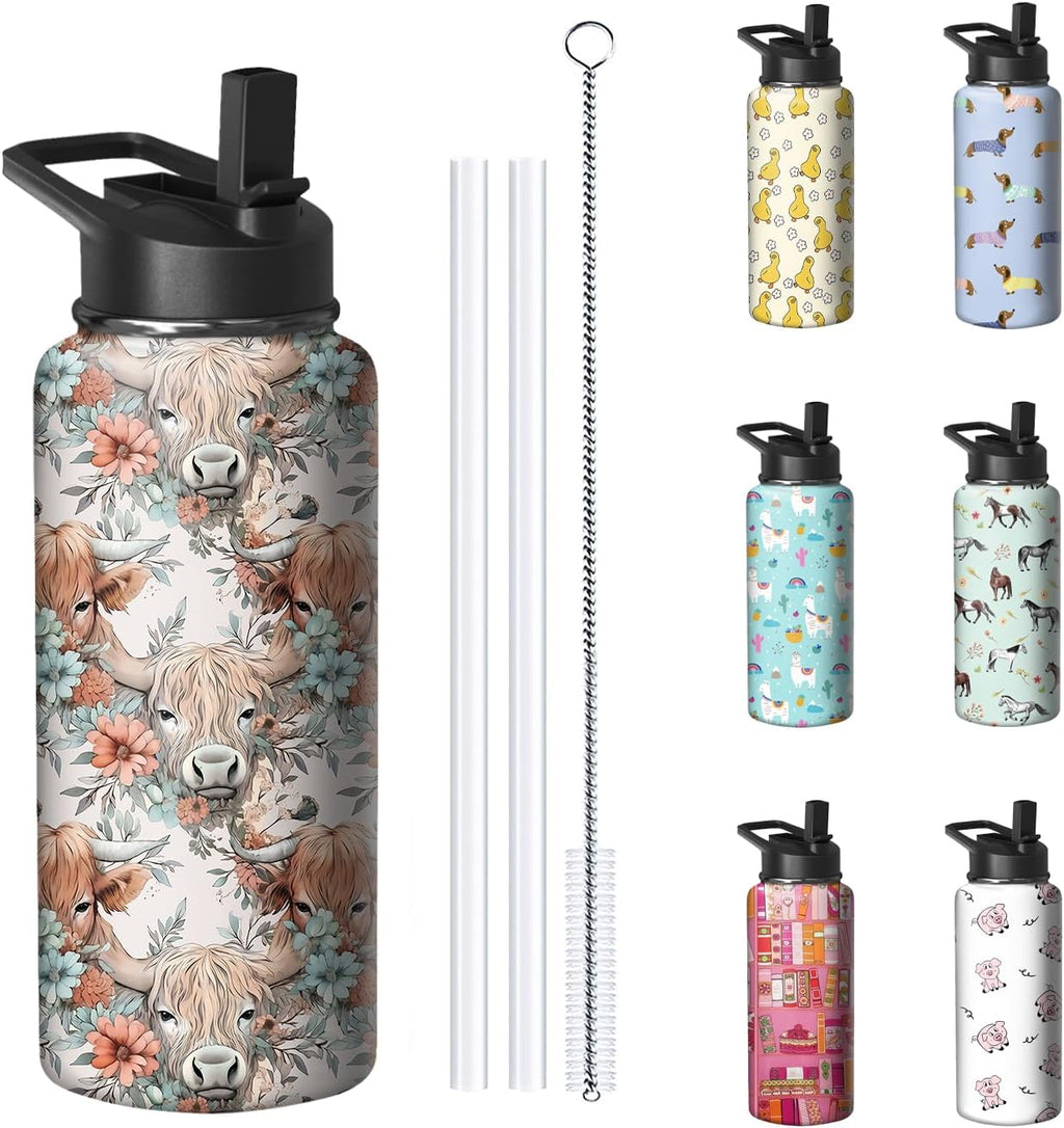 32oz Highland Cow Water Bottle with Handle and Flip Straw, Cattle Sports Stainless Steel Insulated Cup Travel Coffee Mug Tumbler, Birthday Mothers Day Chritmas Gifts for Women