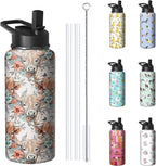 32oz Highland Cow Water Bottle with Handle and Flip Straw, Cattle Sports Stainless Steel Insulated Cup Travel Coffee Mug Tumbler, Birthday Mothers Day Chritmas Gifts for Women
