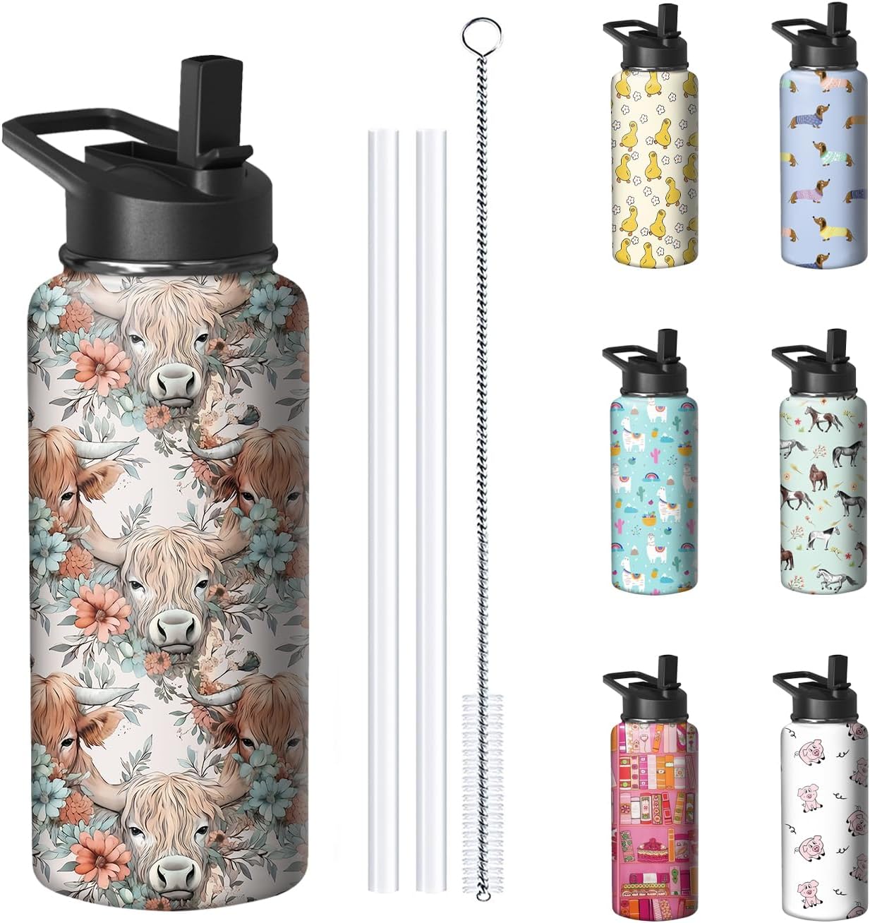 32oz Highland Cow Water Bottle with Handle and Flip Straw, Cattle Sports Stainless Steel Insulated Cup Travel Coffee Mug Tumbler, Birthday Mothers Day Chritmas Gifts for Women