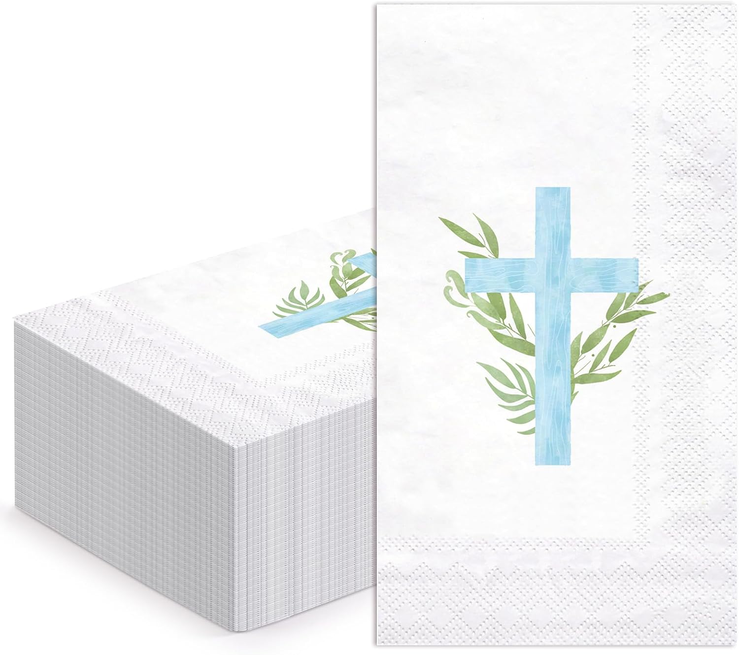 WRAPAHOLIC 50Pcs Cross Religious Paper Napkins - 3-Ply Religious Blue Cross Guest Disposable Hand Towels for Bathroom, Spring, Christening and Baby Shower - 4.3 x 7.9 In
