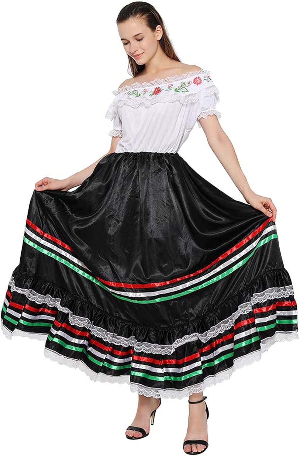 FantastCostumes Women Traditional Mexican Dress Lace Flower Senorita Costume Festival Party Spanish Dress