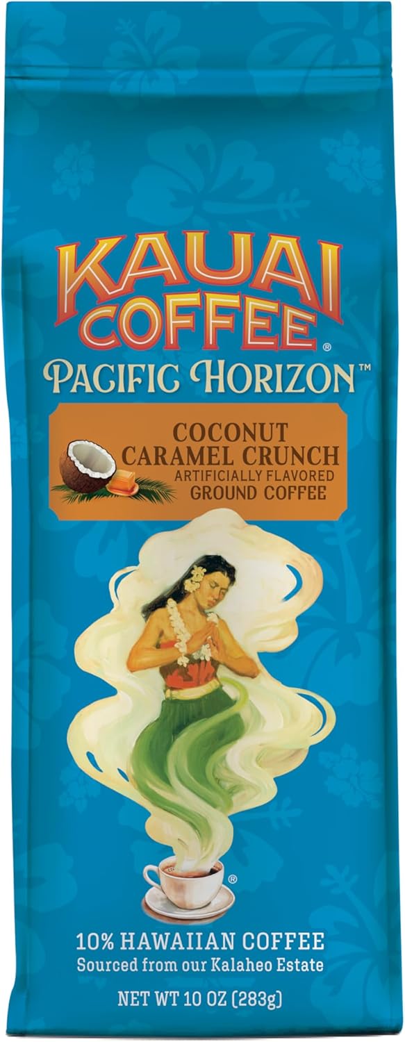 Kauai Coffee Ground Coffee – Smooth, Rich, Medium Roast – Nutty Caramel and Tropical Coconut – Arabica Coffee, 10% Hawaiian with No Bitterness – Coconut Caramel Crunch, 1 Pack of 10oz