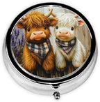 Cute Highland Cow Print Round Pill Box 3 Compartment Decorative Pocket Purse Portable Mini Travel Medicine Holder Organizer