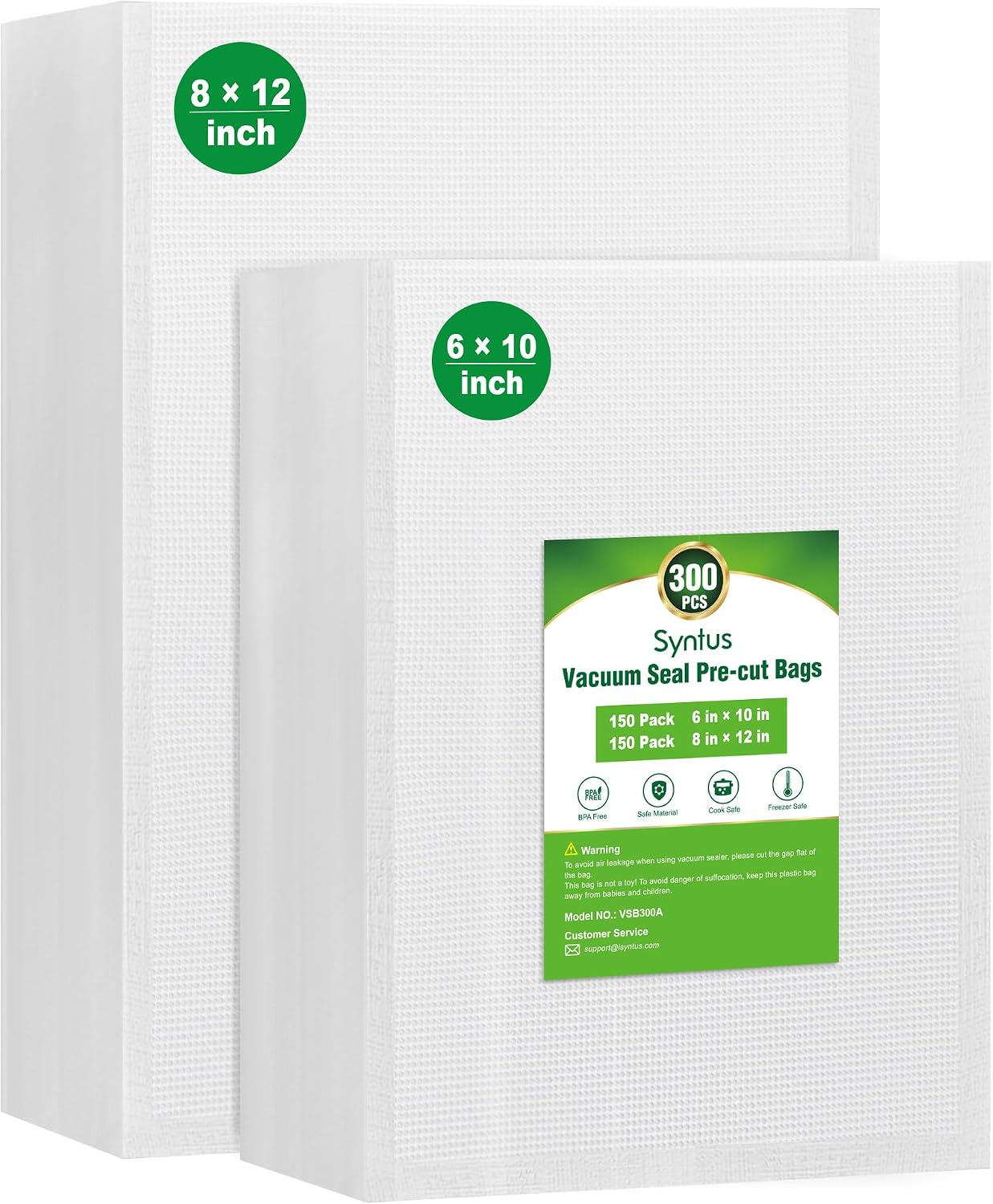 Syntus Vacuum Sealer Bags for Food, 300 Quart 8" x 12" and Pint 6" x 10" Commercial Grade PreCut Bag, BPA Free Food Vac Bags for Storage, Meal Prep or Sous Vide