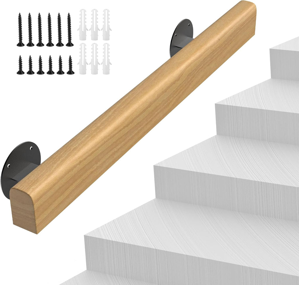2FT Wooden Stair Handrails,Hand Railings for Stairs Indoor Outdoor Wall Mount Support Wood Handrails,Non-Slip Sturdy Staircase Handrail Safety Grab Bar Rod Complete Kit for Home,Lofts,Guardrail