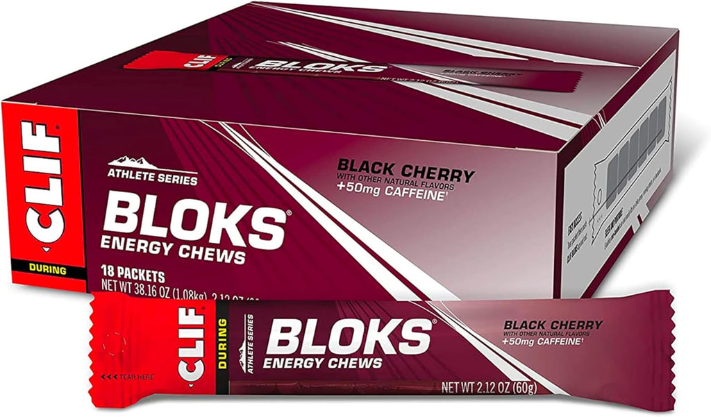 CLIF BLOKS - Black Cherry Flavor with Caffeine - Energy Chews - Non-GMO - Plant Based - Fast Fuel for Cycling and Running - Quick Carbohydrates and Electrolytes - 2.12 oz. (18 Count)