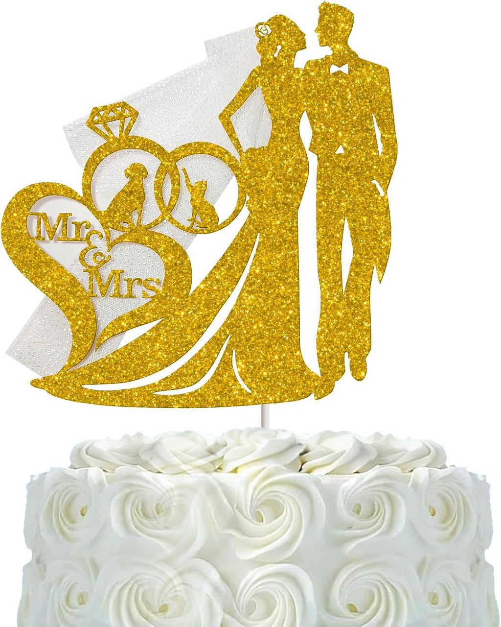 Mr and Mrs Wedding Cake Topper with Bride & Groom Dogs and Cats – Engagement Theme Sign for Bridal Shower Anniversary Wedding Party & Valentine's Day Decor