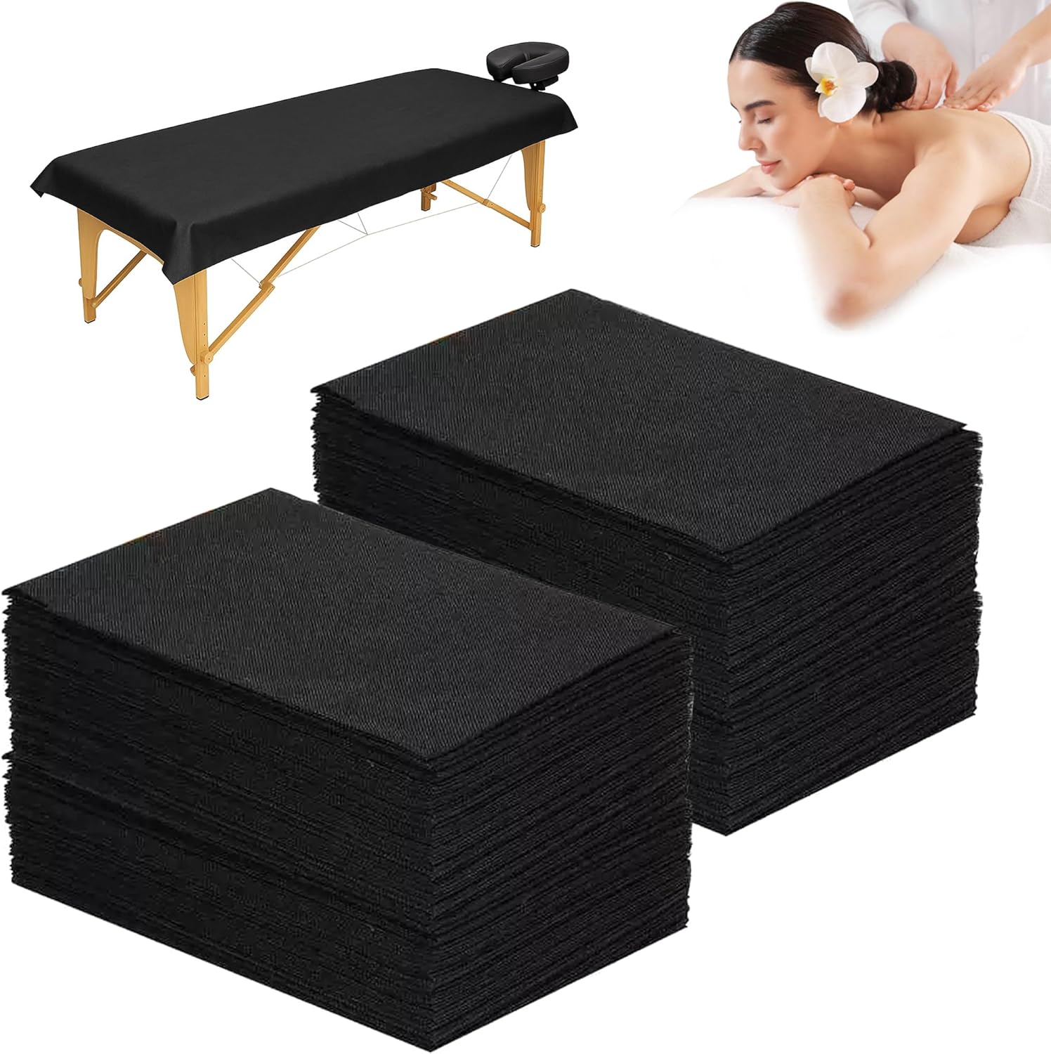100 PCS Disposable Massage Table Sheets – Black 31.5'' × 79'' Non-Woven Spa Bed Covers, Soft & Breathable for Massage, Beauty, Tattoo