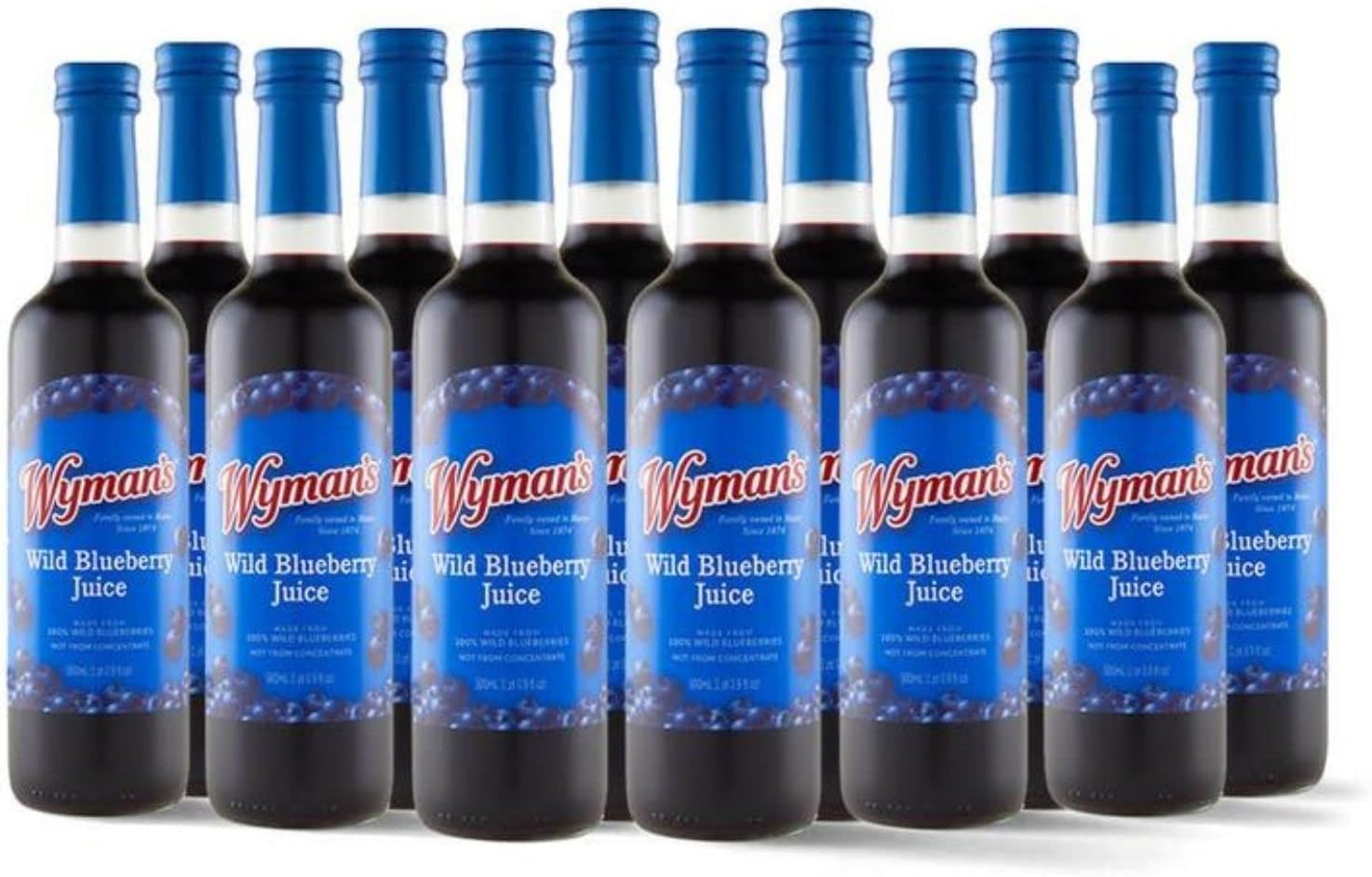Wyman's Wild Blueberry Juice, 100% Juice, No Sugar Added, Not From Concentrate, Glass Bottled, 500mL (12 Pack)