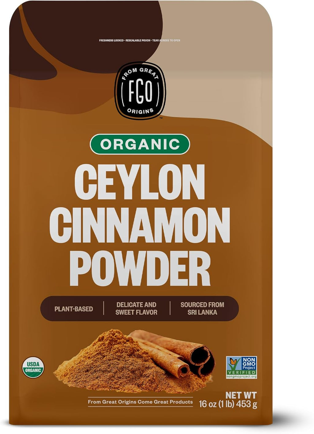 FGO Organic Ceylon Cinnamon Powder, 16oz Pure Sri Lanka Cinnamon for Spice & Seasoning, Great for Baking, Cooking, & Drinks, Additive Free, Non-GMO (Pack of 1)
