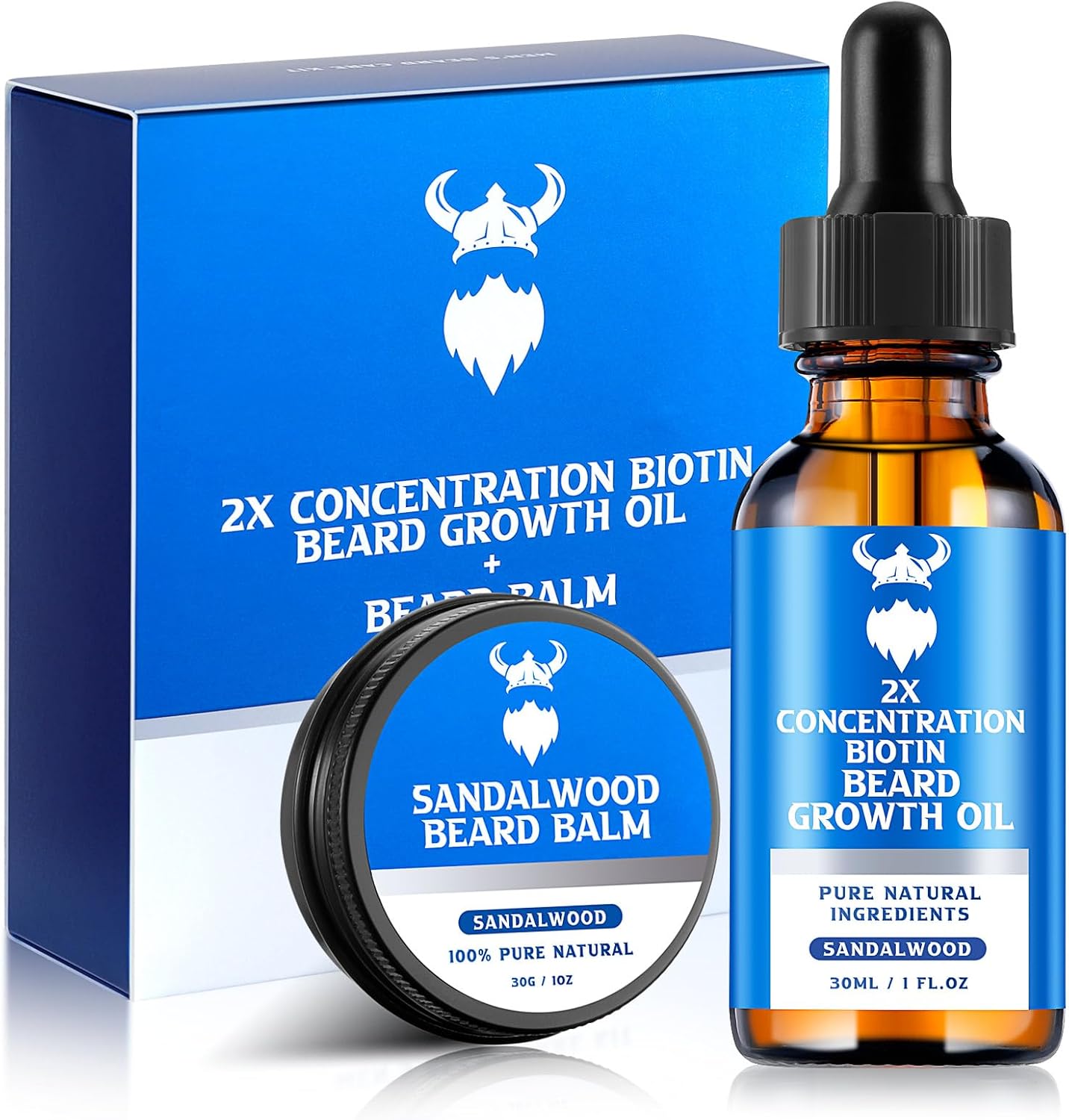 Beard Growth Oil & Beard Balm - Beard Growth Kit with 2X Concentration Biotin for Men, Natural Ingredients with Argan Oil, Jojoba Oil and Vitamin (Sandalwood)
