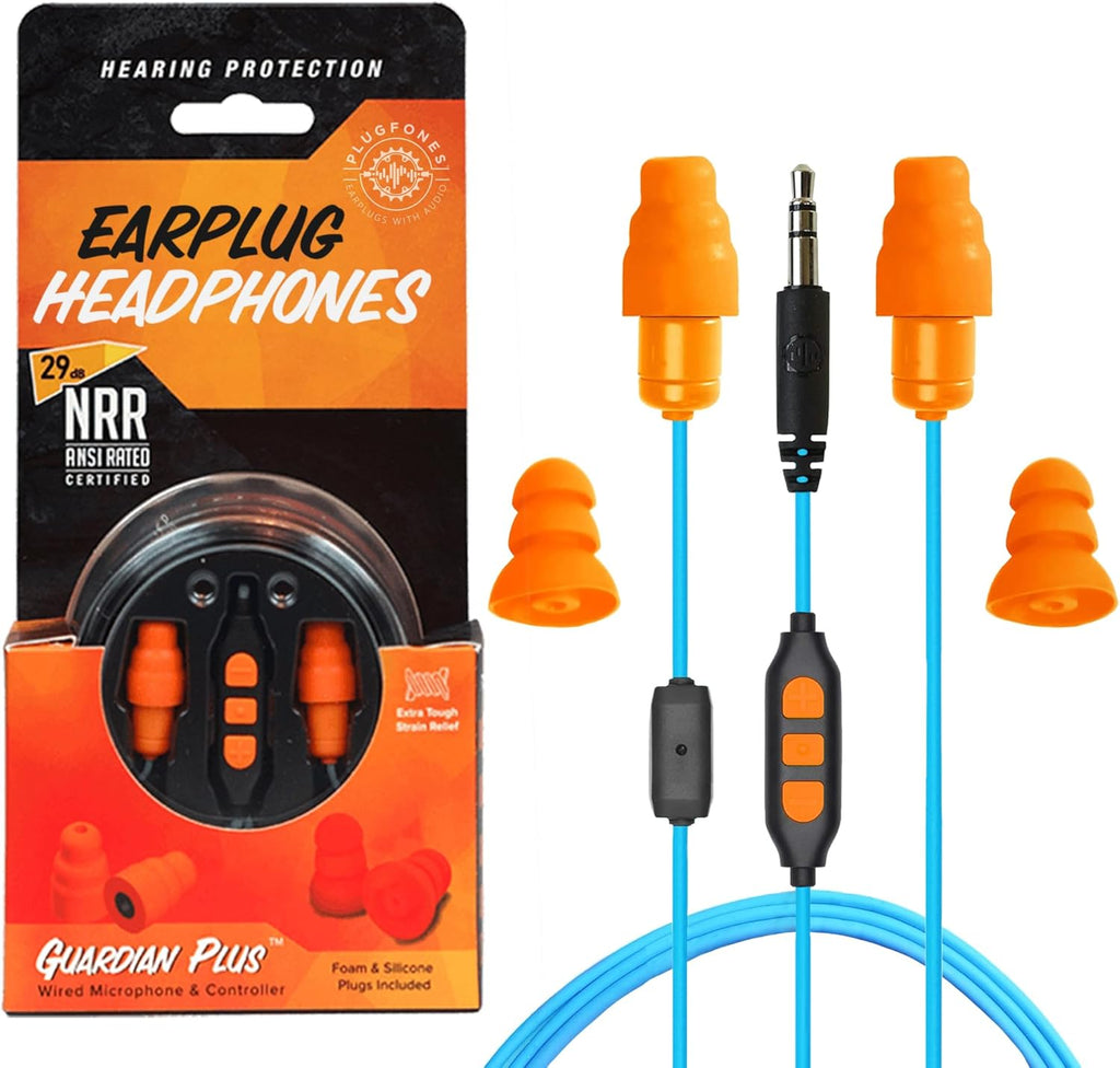 Plugfones Guardian Plus Earplug Headphones in-Ear Earplug Earbud Hybrid with Noise Isolating Mic and Controls - 27-29dB Noise Reduction in-Ear Headphones (Orange & Blue)