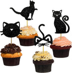 TSJ 24 PCS Glitter Black Cat Cupcake Toppers Kitty Cake Toppers Cat Cupcake Picks Kitten Theme Party Cake Decorations
