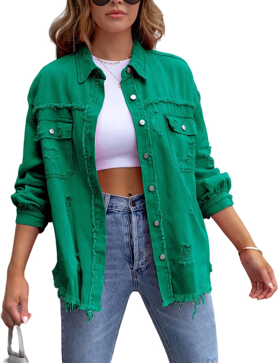 Perbai Womens Oversized Ripped Denim Jacket Frayed Hem Button Front Boyfriend Jean Coat Western Shacket with Pockets