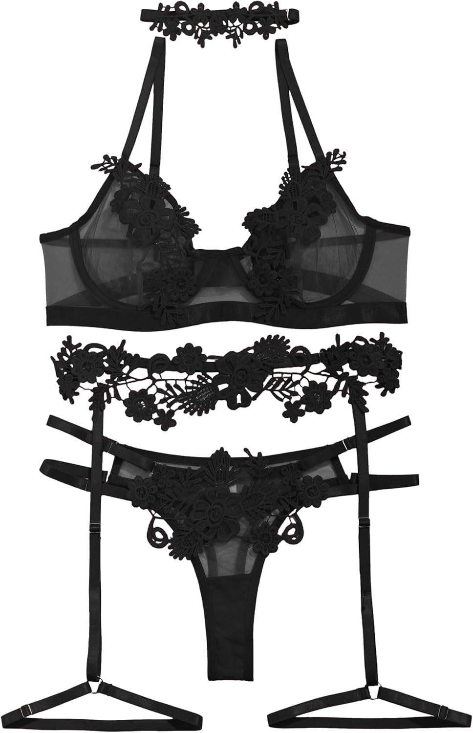 Lilosy Sexy Cute Applique Embroidered Underwire Push Up Garter Belt Chocker Lingerie Set