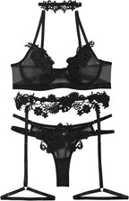 Lilosy Sexy Cute Applique Embroidered Underwire Push Up Garter Belt Chocker Lingerie Set