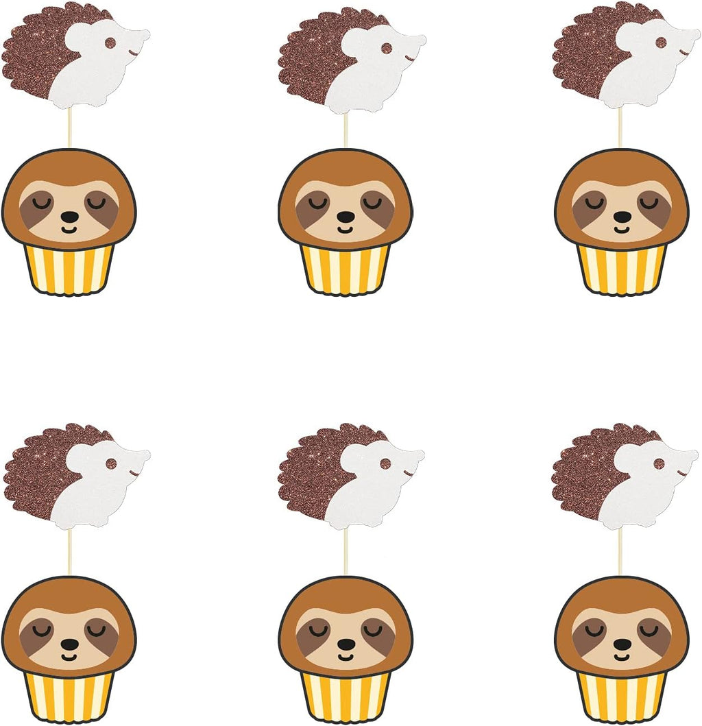 Set of 24 Glitter Hedgehog Cupcake Toppers, Animal Themed Baby Shower Dessert Decor, Baby Birthday Party Decorations Supplies - Brown & White