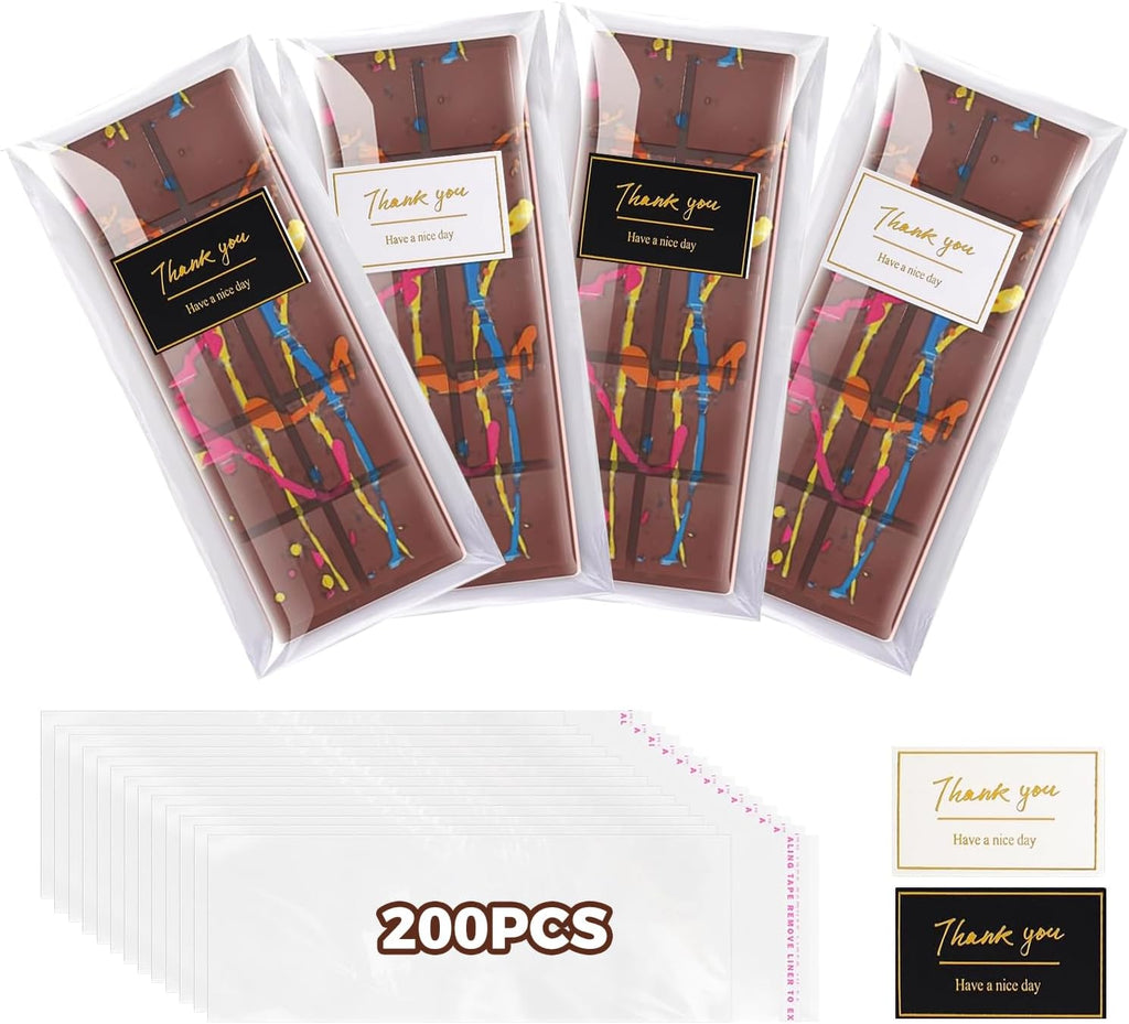 Chocolate Bar Wrappers with Stickers, 200 Pcs Self Sealing Chocolate Candy Bar Packaging with Thank You Stickers, for DIYChocolate Lover, CandyBar, Cookies, Treat, Party Favor