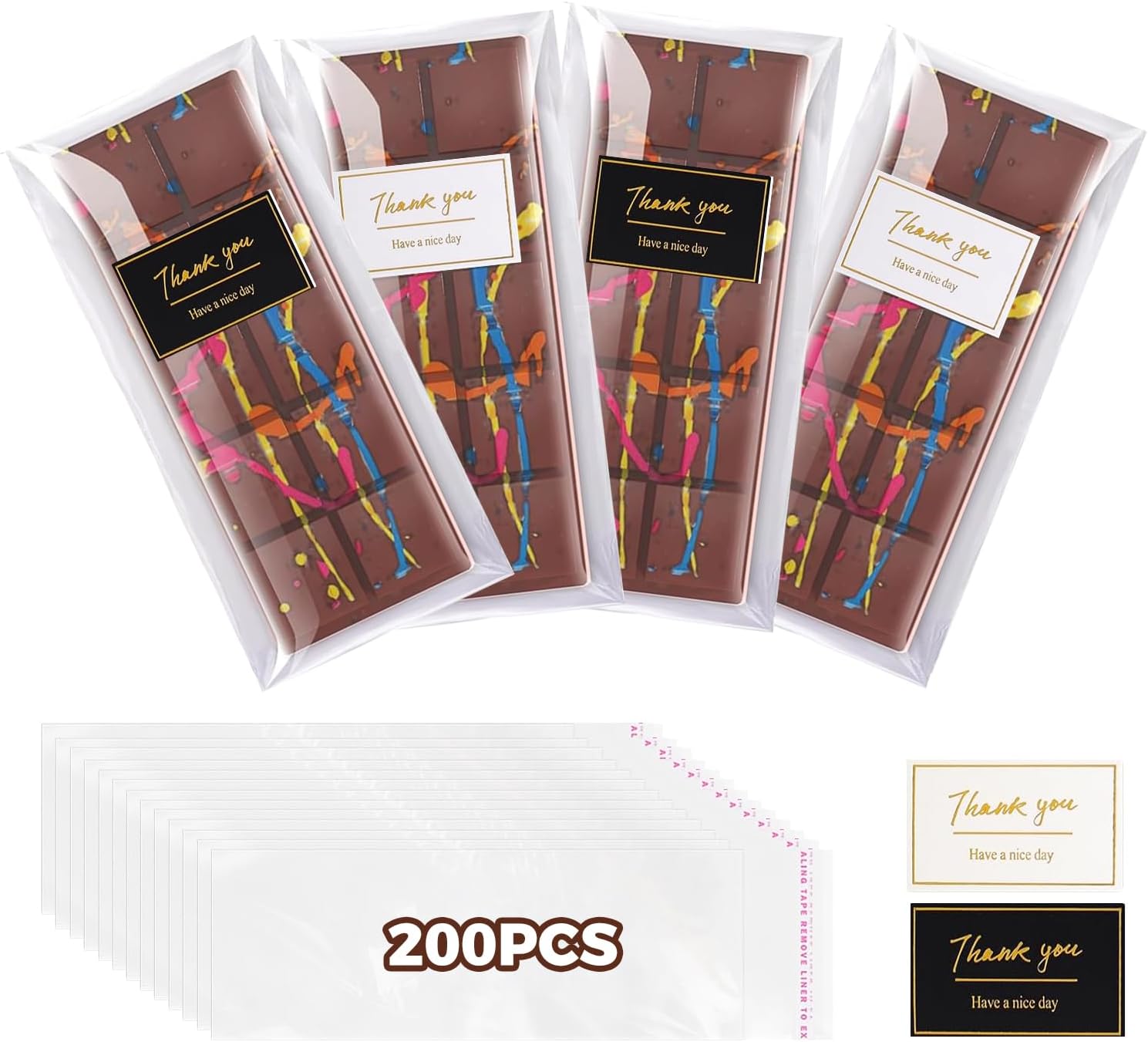 Chocolate Bar Wrappers with Stickers, 200 Pcs Self Sealing Chocolate Candy Bar Packaging with Thank You Stickers, for DIYChocolate Lover, CandyBar, Cookies, Treat, Party Favor