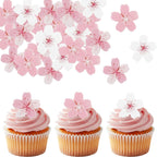 90Pcs Flowers Cake Topper Wafer Paper Cupcake Toppers Pink Floral Cherry Blossom Cake Decorations for Cupcakes Birthday Party Wedding Supplies