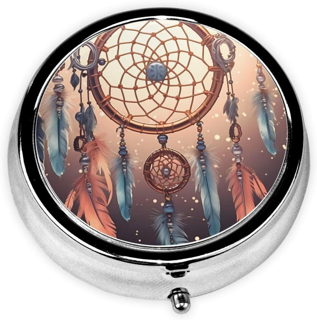 Pill Box 3 Compartment Medicine Pill Organizer Native American Dream Catcher Round Pill Case for Purse & Pocket Travel Pillbox Portable Metal Medicine Vitamin Fish Oil Organizer Unique Gift