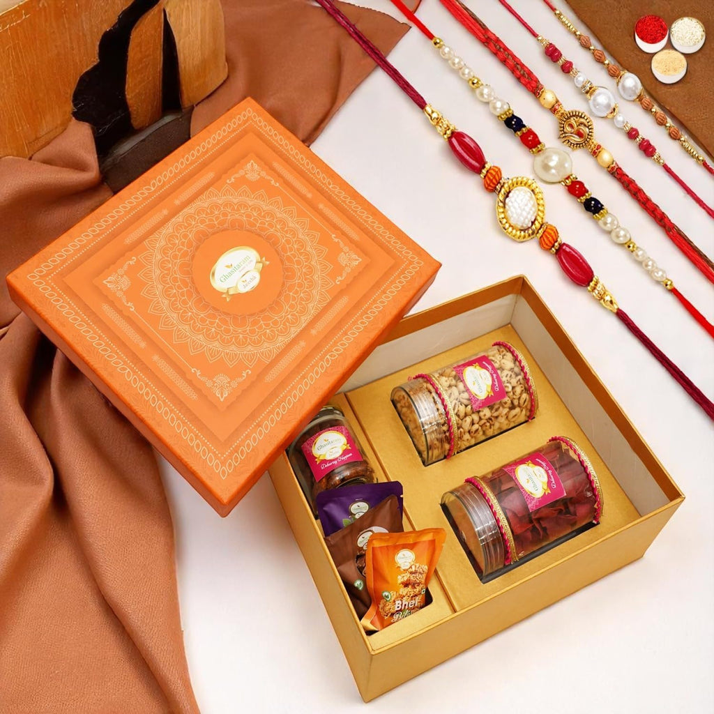 Ghasitaram Gifts Jaiccha Rakhi Gifts for Brothers Orange Hamper Box of Sweets/Bites, Namkeen and Dryfruit- Ohb-1with 5 Rakhis