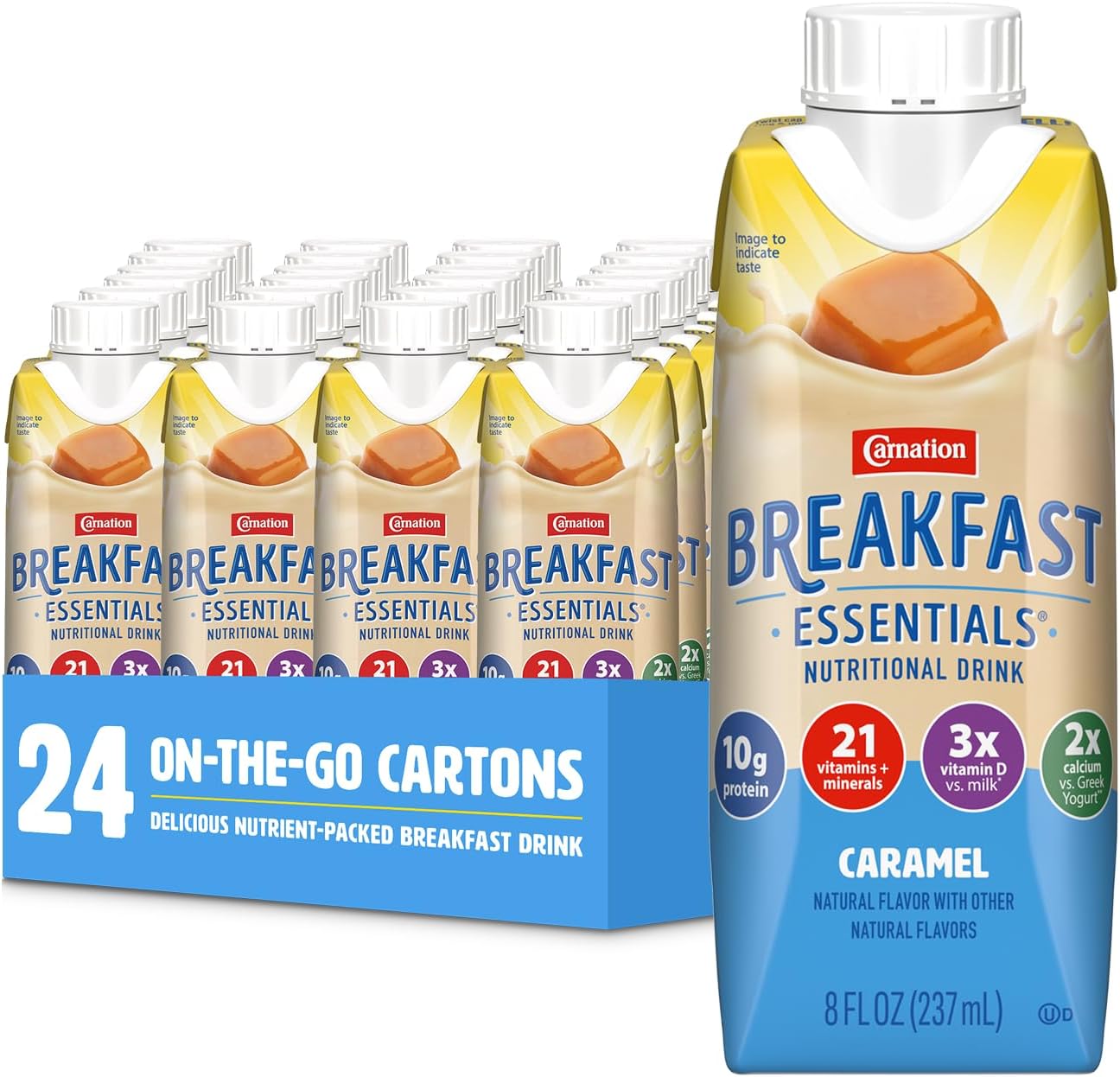 Carnation Breakfast Essentials Original Nutritional Drink, New Caramel Flavor, Ready-to-Drink, 10g Protein, Vitamins D & C, Key Nutrients for Immune Support, Gluten Free, Kosher, 8 FL OZ (24 Pack)