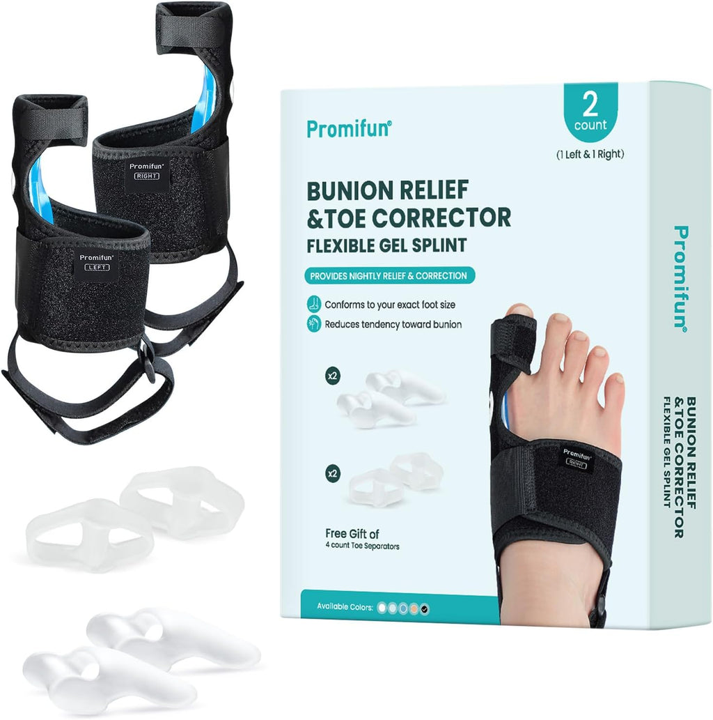 Promifun Bunion Corrector Women & Men Big Toe - 1 Pair Bunion Splint Brace - Adjustable Bunion Correction with Soft Gel - Splint Brace for Pain Relief - Toe Straightener with Non-slip Strap(Black)