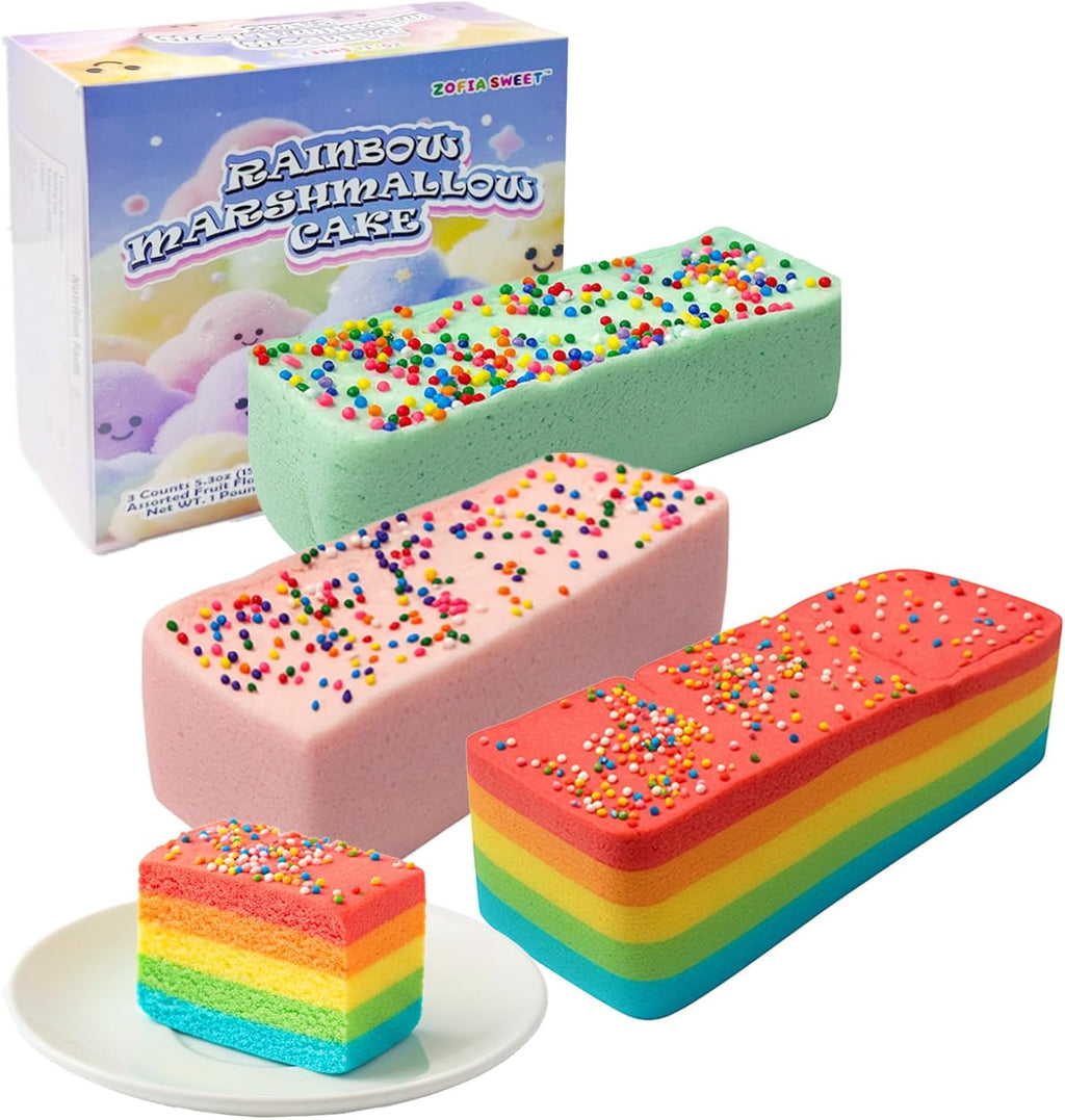 1 Pound Rainbow Marshmallow Cake Covered with Sprinkles, 5.3oz (Pack of 3) Individually Wrapped Fluffy Marshmallow Cakes, Assorted Fruit Flavors, Party Supplies, Sweet Dessert Snacks