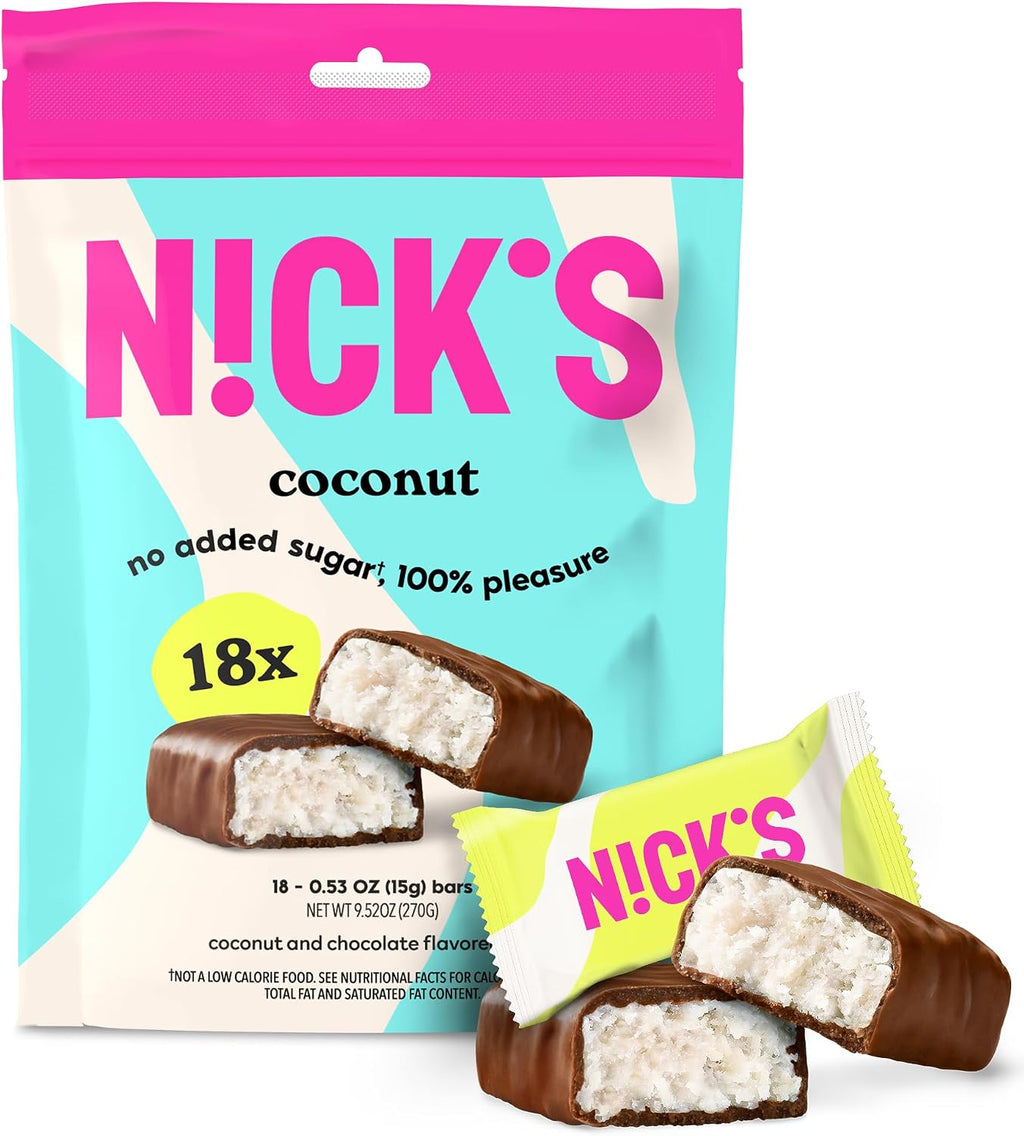 NICK'S Keto Chocolate Mini Candy Bars – Coconut, No Added Sugar, Low Carb Snack, 140 Calories, Gluten-Free Sweets – 18-Pack (15g Each)