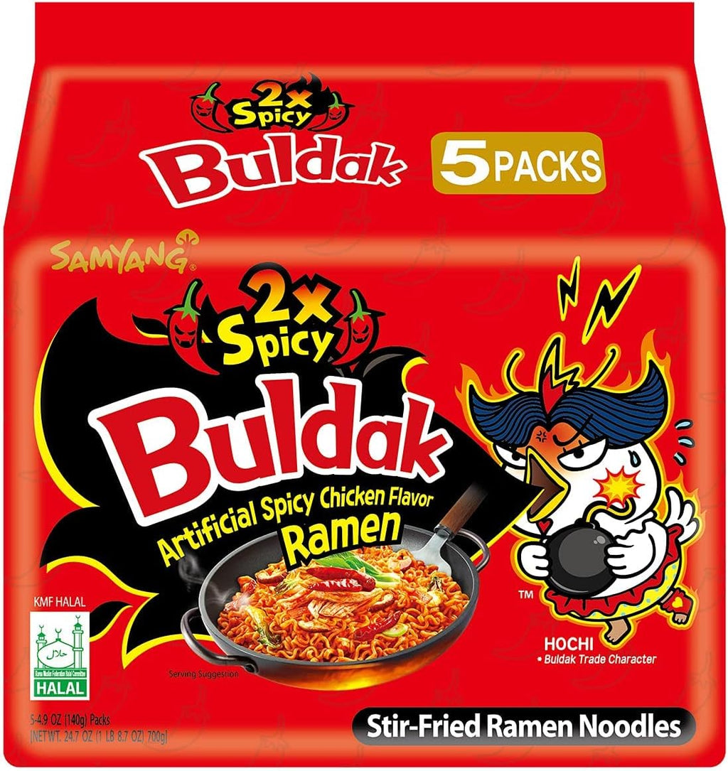 Samyang Buldak Hot Chicken Ramen, Korean Stir-Fried Instant Noodle, 2X Spicy, 4.94 OZ(140g), Pack of 5