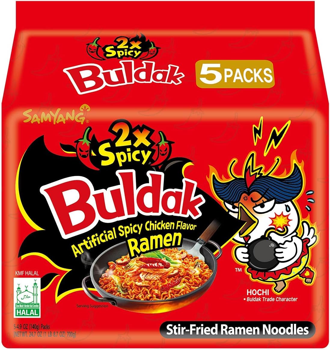 Samyang Buldak Hot Chicken Ramen, Korean Stir-Fried Instant Noodle, 2X Spicy, 4.94 OZ(140g), Pack of 5