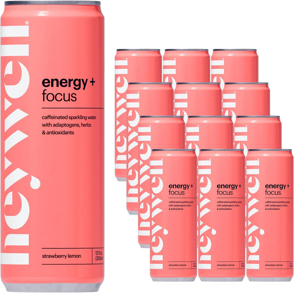 Heywell Sparkling Adaptogenic Water Energy and Focus, Strawberry Lemon Flavor 12 Fluid Ounce (Pack of 12) - Caffeinated, Organic, Non GMO, Vegan, Gluten Free, Dairy Free