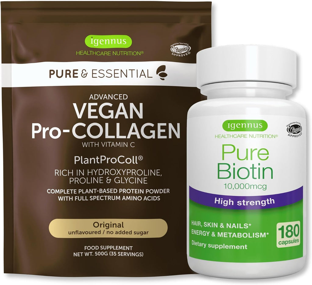 Vegan Collagen Protein Powder + Pure Biotin High Strength 10,000mcg Vegan Bundle, for Skin, Hair & Nails, by Igennus