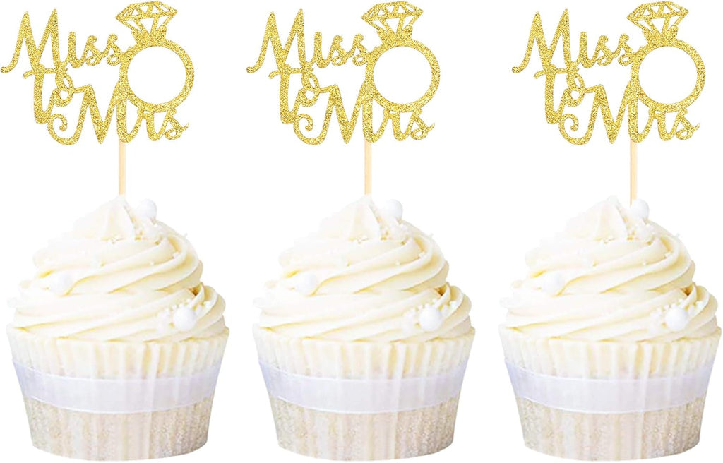 Ercadio 24 Pack Gold Miss to Mrs Cupcake Toppers Ring Cupcake Picks Decorations for Bridal Shower Wedding Engagement Anniversary Party