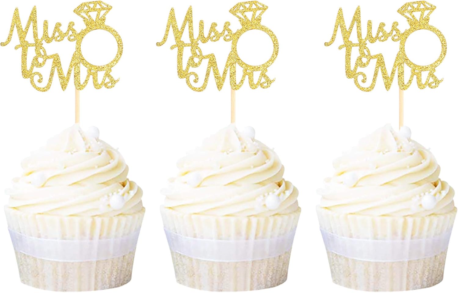 Ercadio 24 Pack Gold Miss to Mrs Cupcake Toppers Ring Cupcake Picks Decorations for Bridal Shower Wedding Engagement Anniversary Party