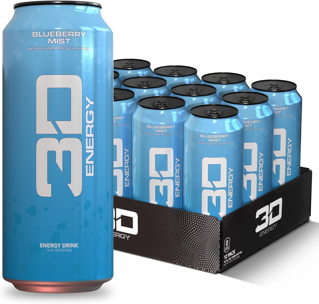 3D Energy Drink – Sugar Free, 200mg Caffeine, Pre Workout, Taurine, L-Carnitine, Lightly Carbonated, 16oz Cans, 12 Pack - Blueberry Mist