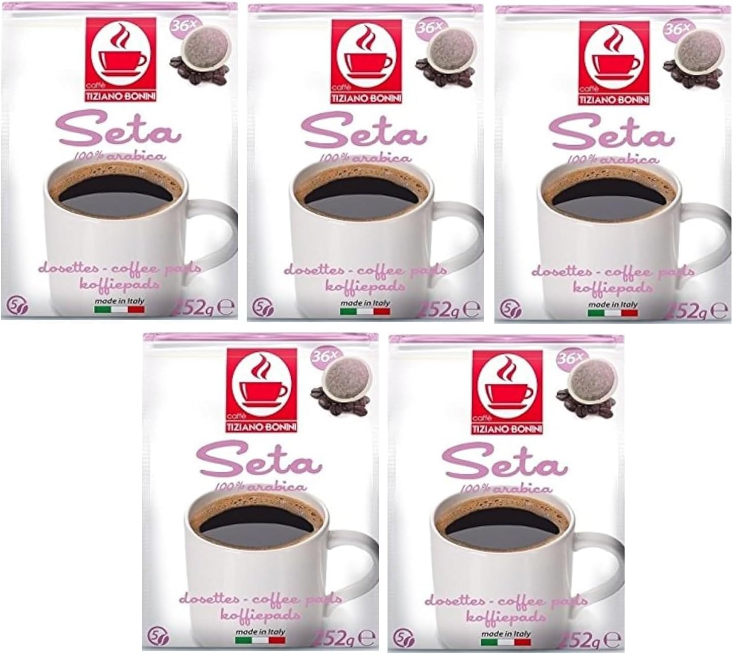 Bonini Seta Coffee Pads, Senseo Compatible Coffee Pads/Pods x36 (Pack of 5, Total 180 pads)