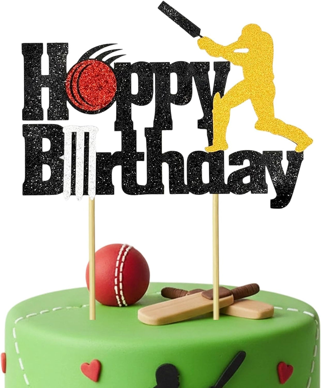 Cricket Happy Birthday Cake Topper Glitter Birthday Cake Decor for Sports Theme Boys Girls Adults Cricket Birthday Party Cake Decorations Supplies