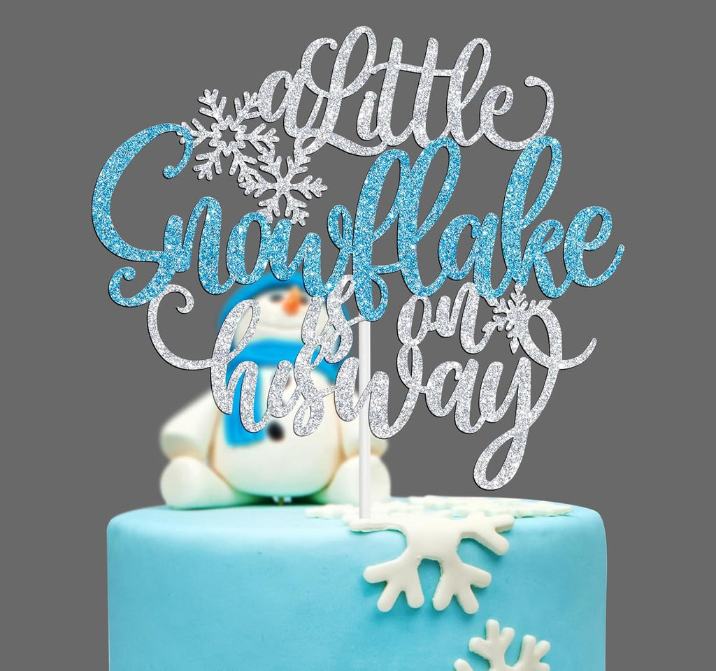A Little Snowflake is on His Way Cake Topper, Winter Baby Shower Party Decor, Frozen Winter Christmas Snowflake Theme Baby’s 1st Birthday Baby Shower Party Decorations Supplies for Boy