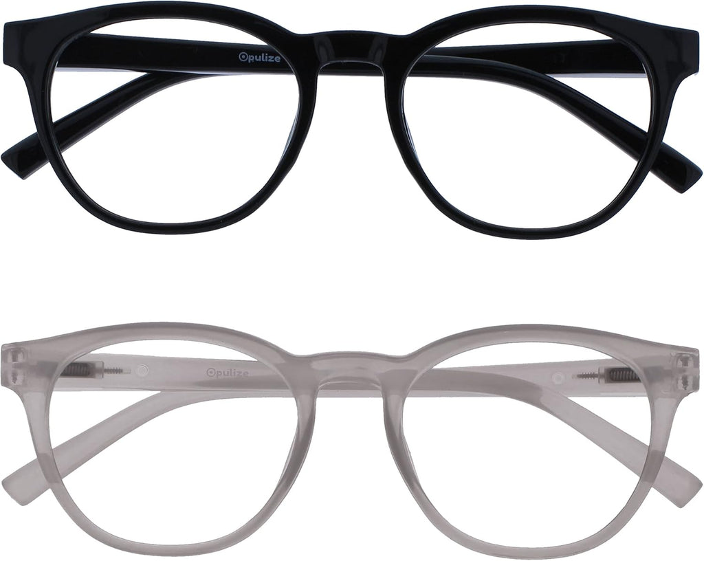 OPULIZE BLU Blue Light Blocking Reading Glasses for Women Men, Cool Round Frame with Anti-Glare Computer and Gaming Eyewear, UV and Eyestrain Protection, Black Ice +2.00 (Pack of 2)