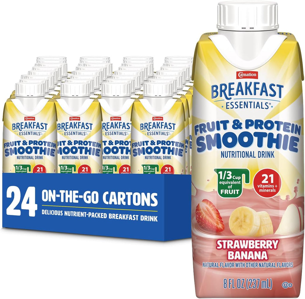 Carnation Breakfast Essentials Fruit and Protein Smoothie Nutritional Drink, Strawberry Banana, 24 – 8 fl oz Cartons