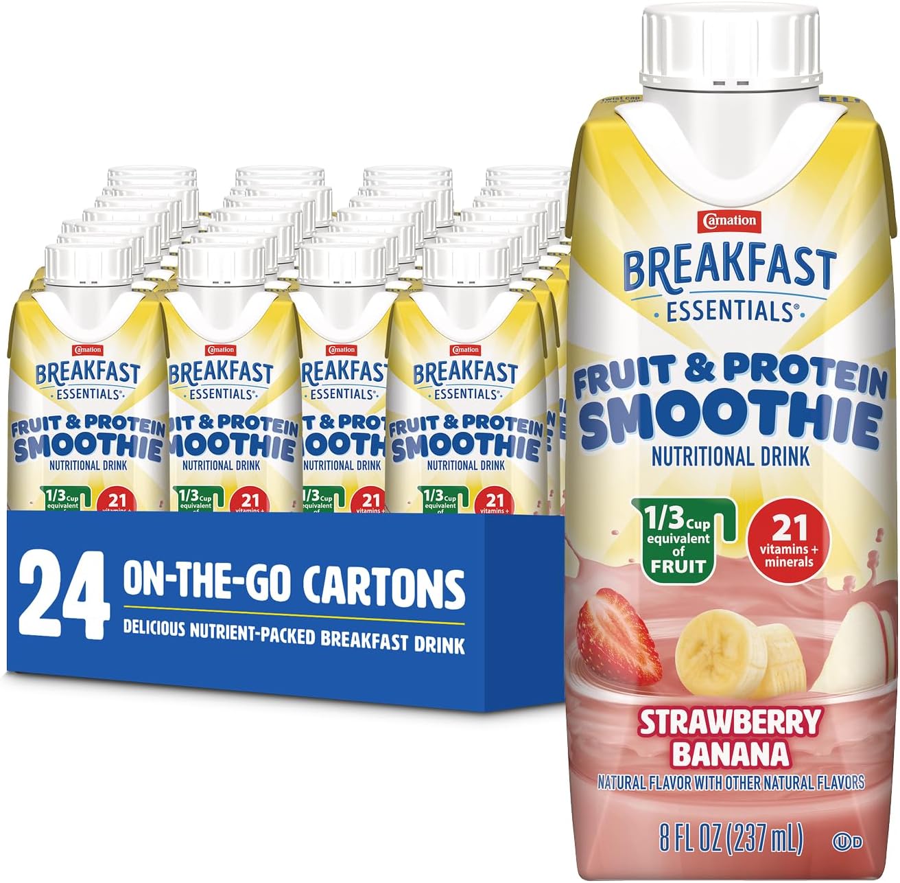 Carnation Breakfast Essentials Fruit and Protein Smoothie Nutritional Drink, Strawberry Banana, 24 – 8 fl oz Cartons