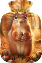 Autumn Cute Squirrel Hot Water Bottle with Soft Velvet Cover Hot Water Bag for Neck, Shoulder and Menstrual Cramps, 1L
