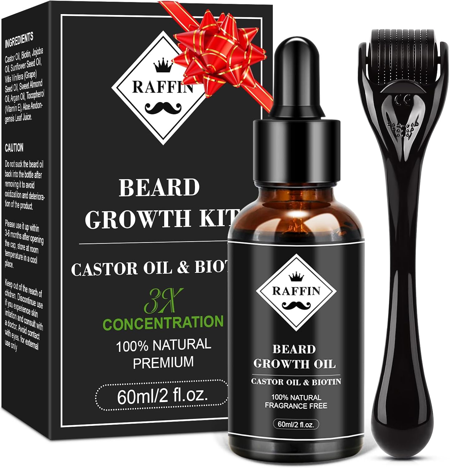 Beard Growth Kit, Upgraded Beard Growth Oil (2Oz) w/3 X Thickening Biotin & Castor Oil for Spot/Patchy Beard, Achieve Fuller, Thicker & Healthier Beards, Birthday Gifts for Men Him Boyfriend Husband