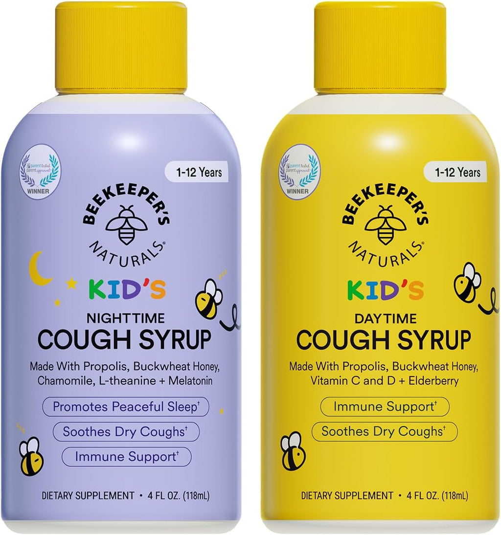 Beekeeper's Naturals Kids Honey Cough Syrup – Day & Night Value Pack – Immune Support with Elderberry, Vitamin C, D, Propolis & Raw Honey – Soothing, Clean Ingredients – Two Pack, 2 x 4 fl oz