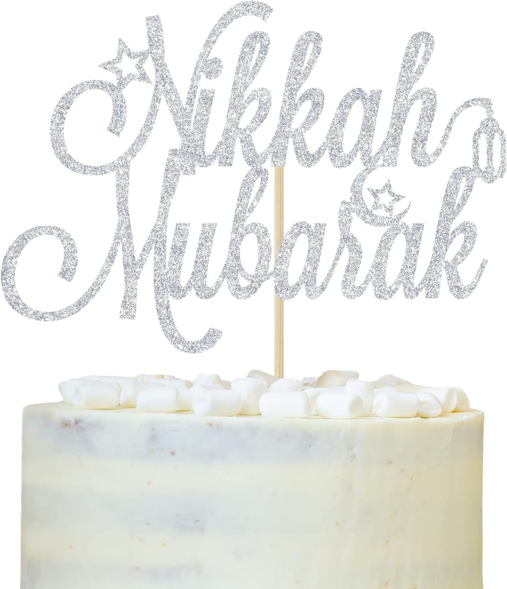 Nikkah Mubarak Cake Topper, Eid Mubarak, Urdu Nikkah, Silver Glitter Desi Wedding/Engagement/Dulhan/Shaadi Party Decorations