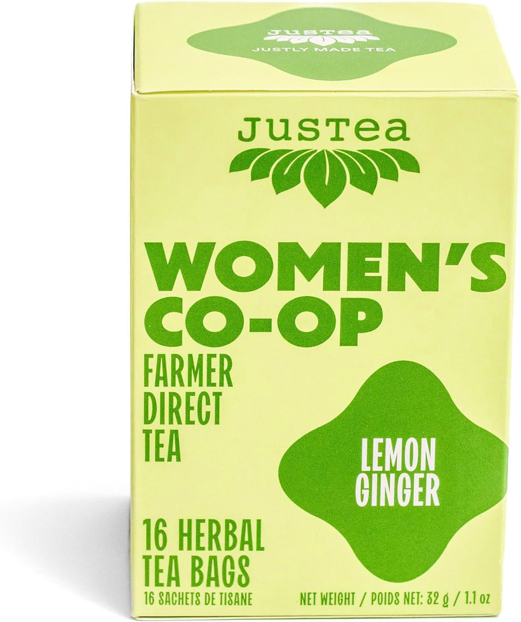 JusTea LEMON GINGER | Herbal Tea Bags, Caffeine-Free, Organic Ginger and Lemongrass Tea | Fair-Trade | Plastic-Free Tea Bags | Vegan, Sugar-Free, Gluten-Free | 16 Tea Bags